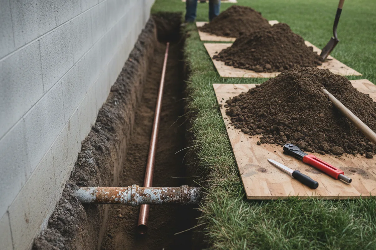 Excavated water line trench during Sewer Line Repair in Fair Oaks